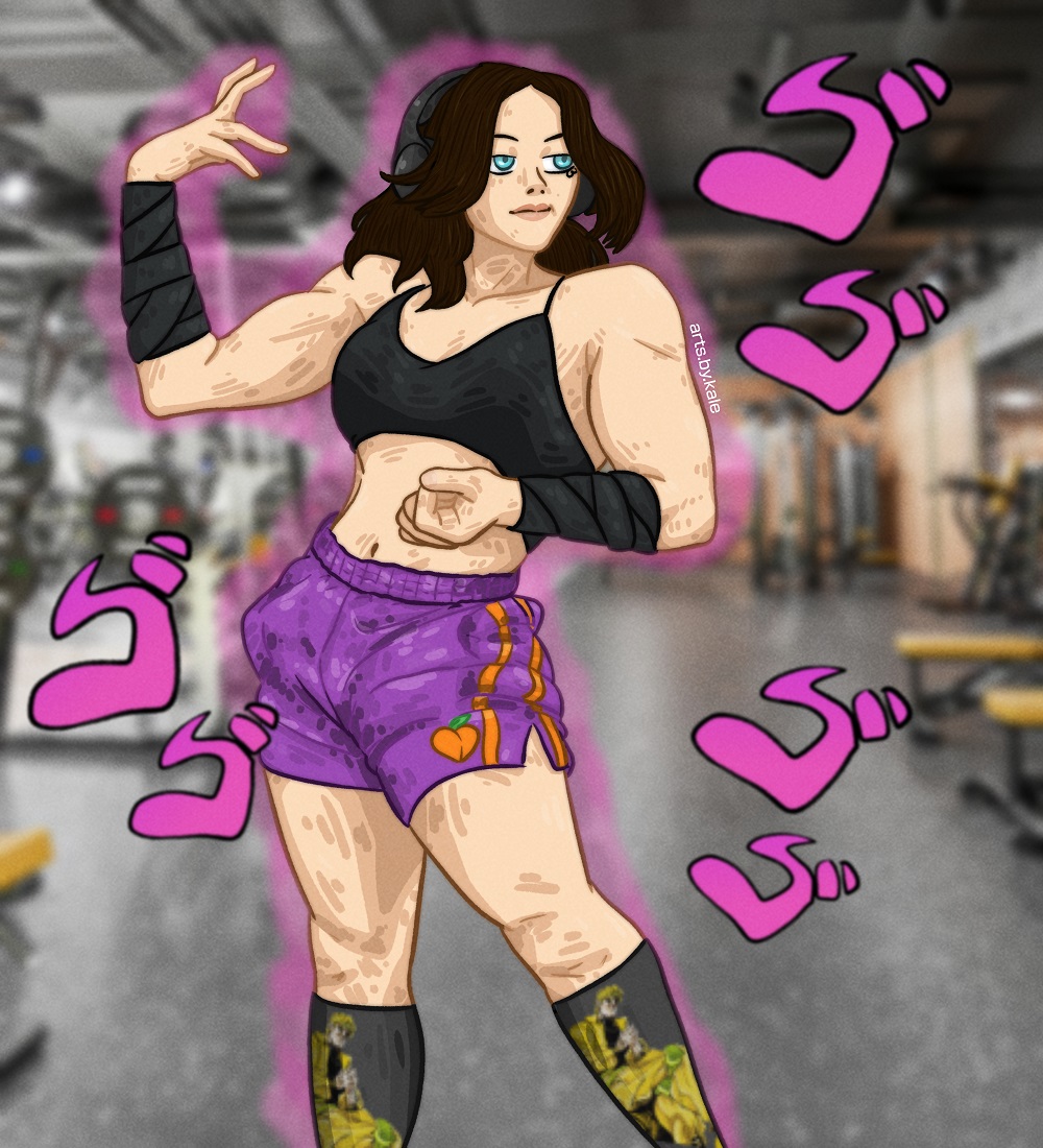 Fanart of fitness Instagramer Amberhtevalkyrie with Japanese letters floating around her