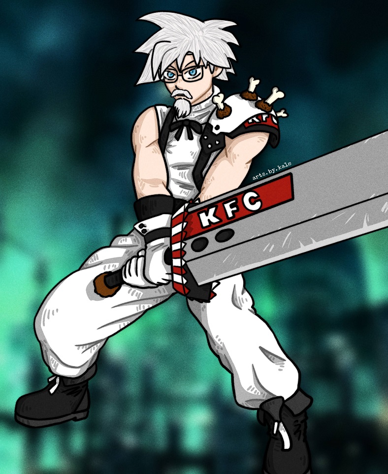 Fanart of Colonel Sanders dressed as Cloud Strife from Final Fantasy 7
