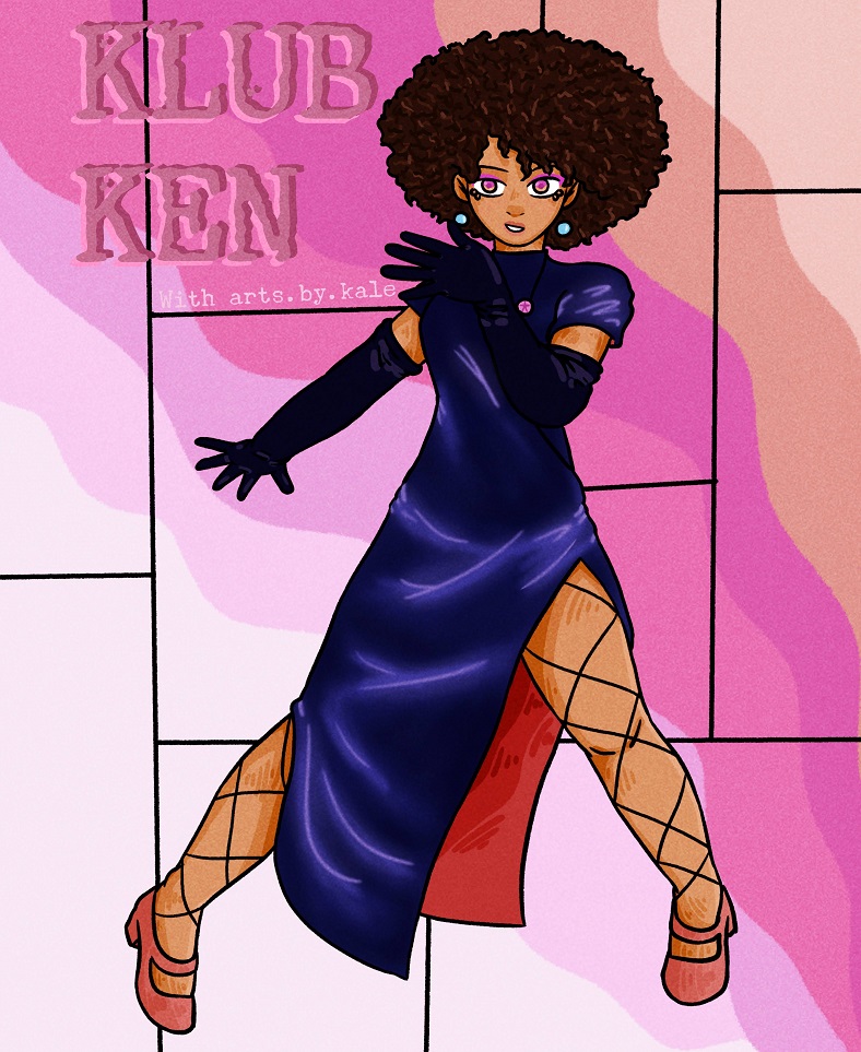 Drawing contest entry of a black woman with an afro in a shiny dress